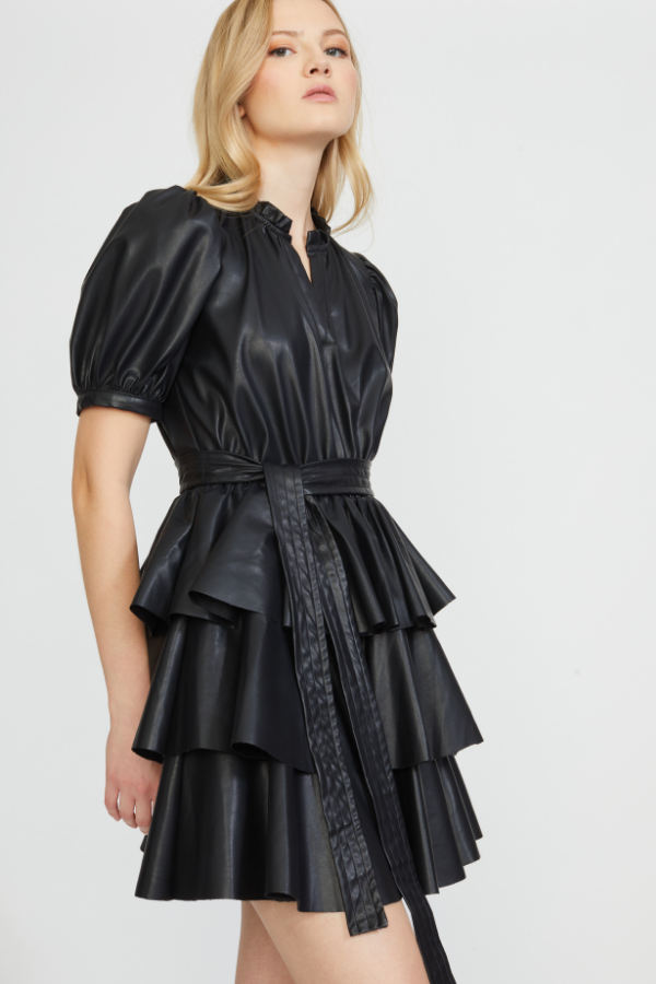 VEGAN LEATHER TIERED DRESS Black M VEGAN LEATHER TIERED DRESS Black M