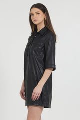 VEGAN LEATHER ELBOW SLEEVE MINI DRESS