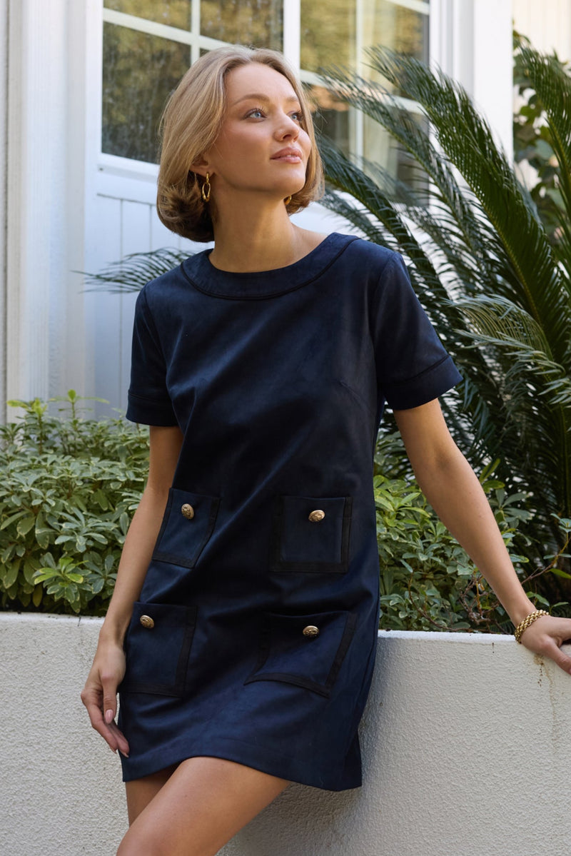 VEGAN SUEDE S/S MINI DRESS W/ CONTRAST COLOR BINDING