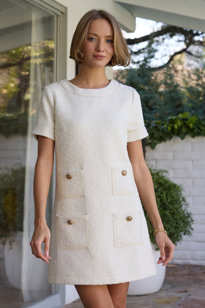TWEED DRESS W/ LEATHER TRIM