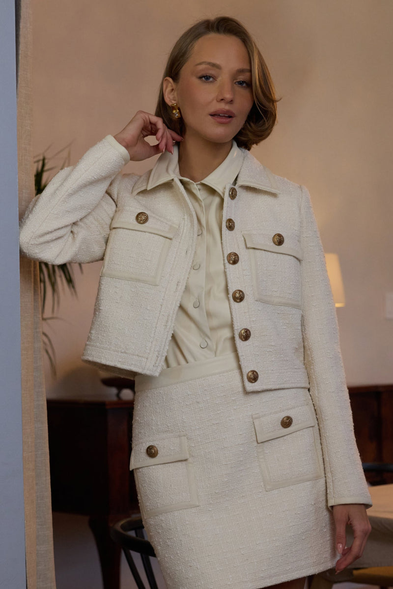 TWEED JACKET W/ LEATHER TRIM