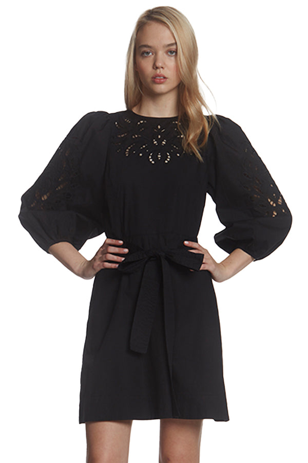 CUT-OUT EMBROIDERY BELTED DRESS