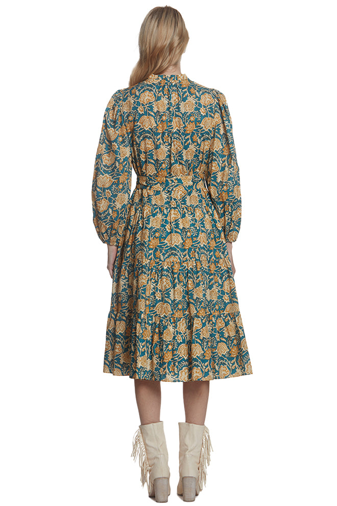 BLUE PAISLEY LS BELTED DRESS