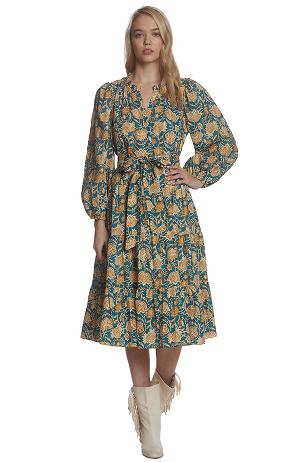 BLUE PAISLEY LS BELTED DRESS