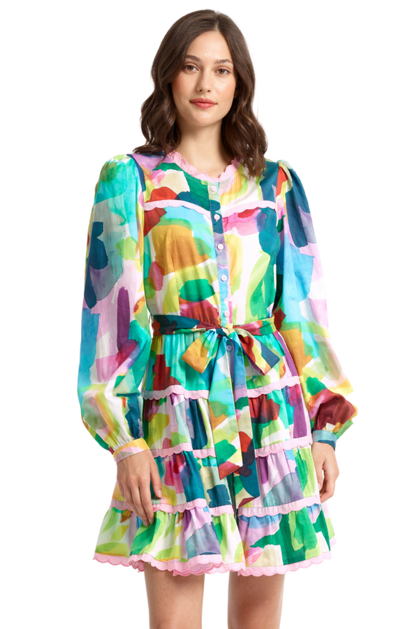 ABSTRACT LS BUTTON DOWN BELTED MINI DRESS