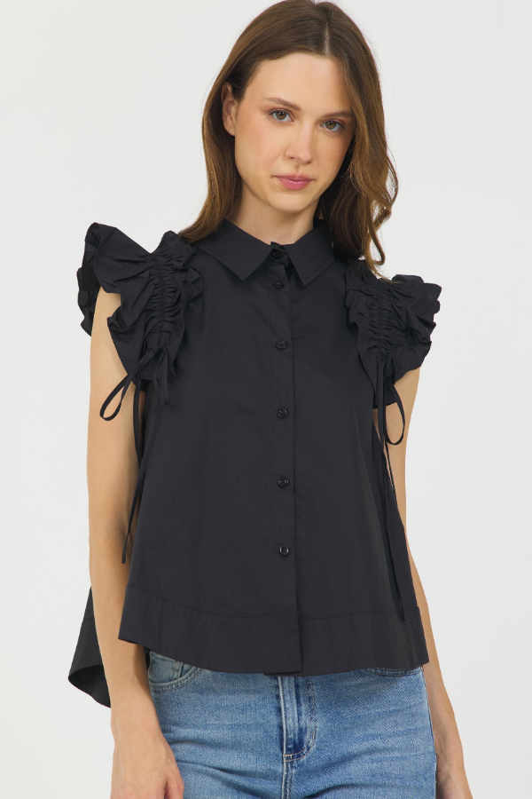 BUTTON DOWN RUFFLE SHOULDER SHIRT BLACK