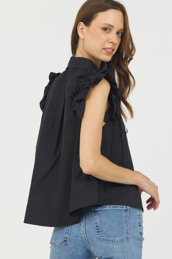 BUTTON DOWN RUFFLE SHOULDER SHIRT BLACK