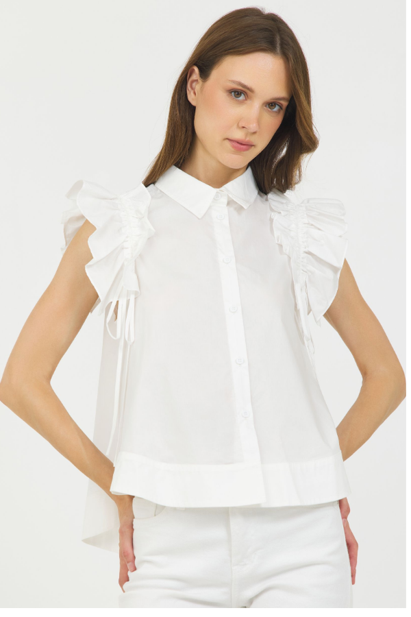 BUTTON DOWN RUFFLE SHOULDER SHIRT WHITE