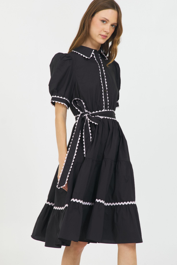 SHORT SLEEVE BUTTON DOWN SHIRT DRESS BLACK