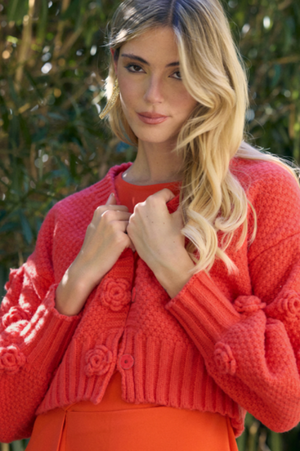 FLOWER APPLIQUE CARDIGAN IN CORAL