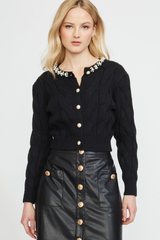 CABLE CARDIGAN W/ PEARL TRIM IN BLACK