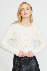 CABLE CARDIGAN W/ PEARL TRIM IN CREAM