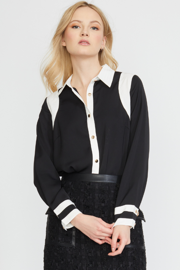 COLOR BLOCK BUTTON DOWN SHIRT BLACK