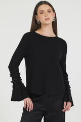 FLOWER TRIMMED TRUMPET SLV PULLOVER SWEATER