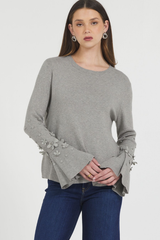 FLOWER TRIMMED TRUMPET SLV PULLOVER SWEATER