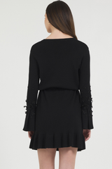 FLOWER TRIMMED TRUMPET SLV SWEATER DRESS