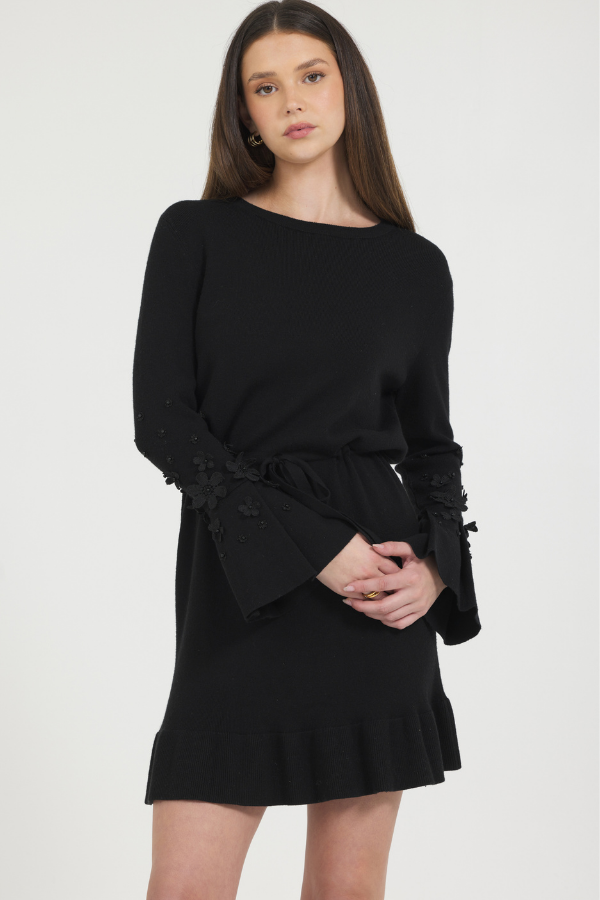 FLOWER TRIMMED TRUMPET SLV SWEATER DRESS