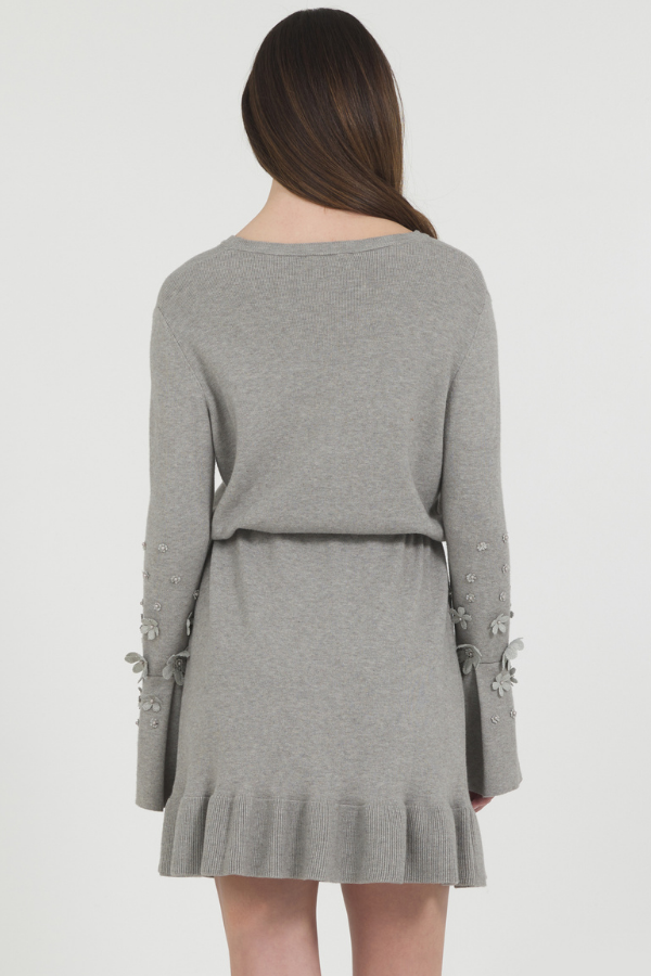 FLOWER TRIMMED TRUMPET SLV SWEATER DRESS