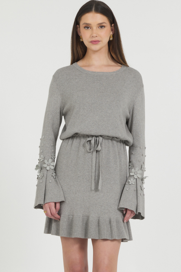 FLOWER TRIMMED TRUMPET SLV SWEATER DRESS