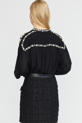 STAND COLLAR BUTTON DOWN BLOUSE WITH EMBROIDERY DETAILS BLACK