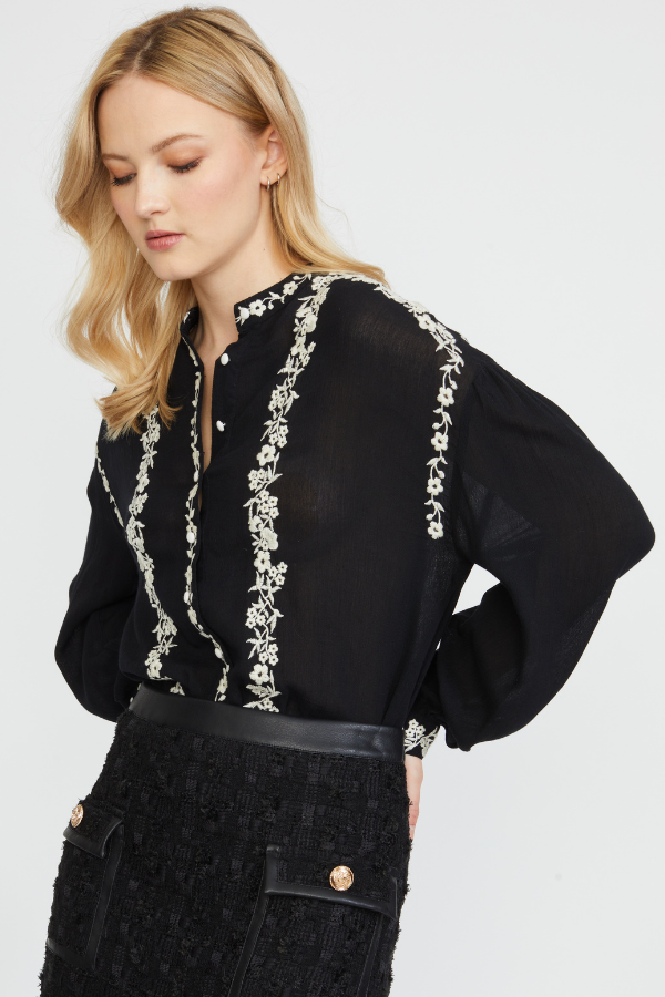 STAND COLLAR BUTTON DOWN BLOUSE WITH EMBROIDERY DETAILS BLACK