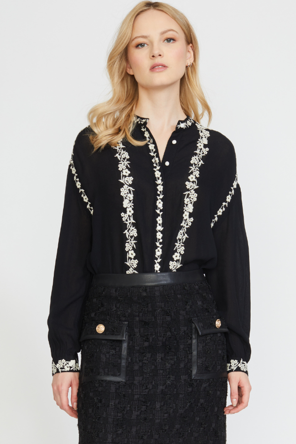 STAND COLLAR BUTTON DOWN BLOUSE WITH EMBROIDERY DETAILS BLACK