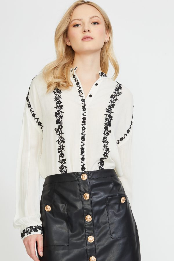 STAND COLLAR BUTTON DOWN BLOUSE WITH EMBROIDERY DETAILS CREAM