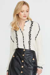 STAND COLLAR BUTTON DOWN BLOUSE WITH EMBROIDERY DETAILS CREAM