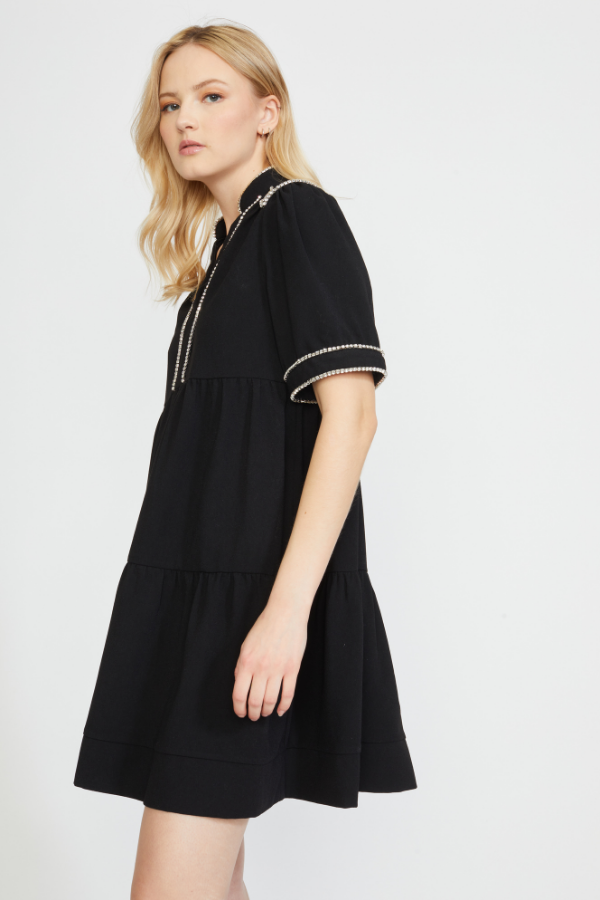 SHORT SLEEVE DRESS WITH DIAMOND TRIM