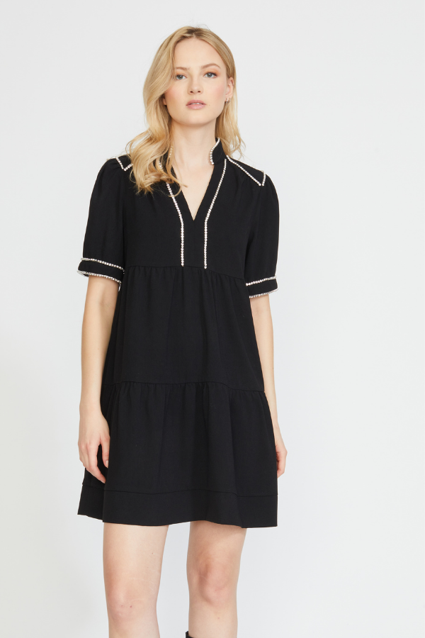 SHORT SLEEVE DRESS WITH DIAMOND TRIM