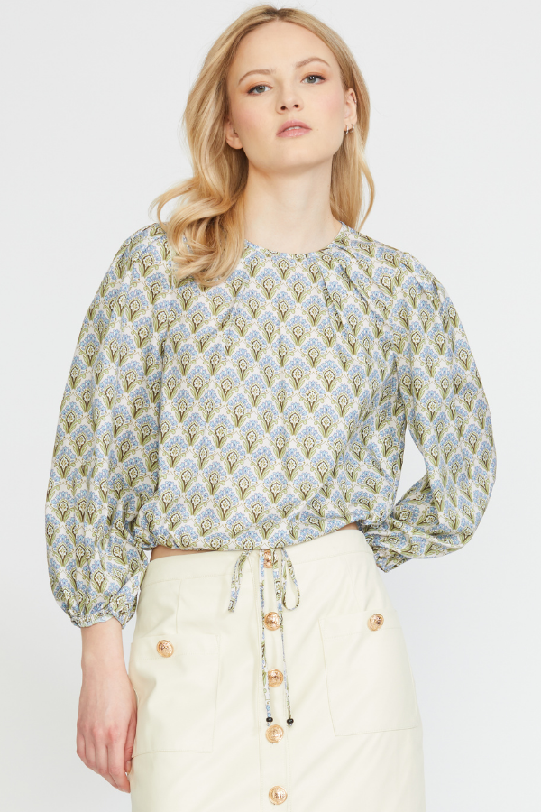 JEWEL NECK DRAWSTRING HEM BLOUSE