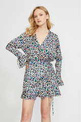 RUFFLE FLOUNCE WRAP MINI DRESS