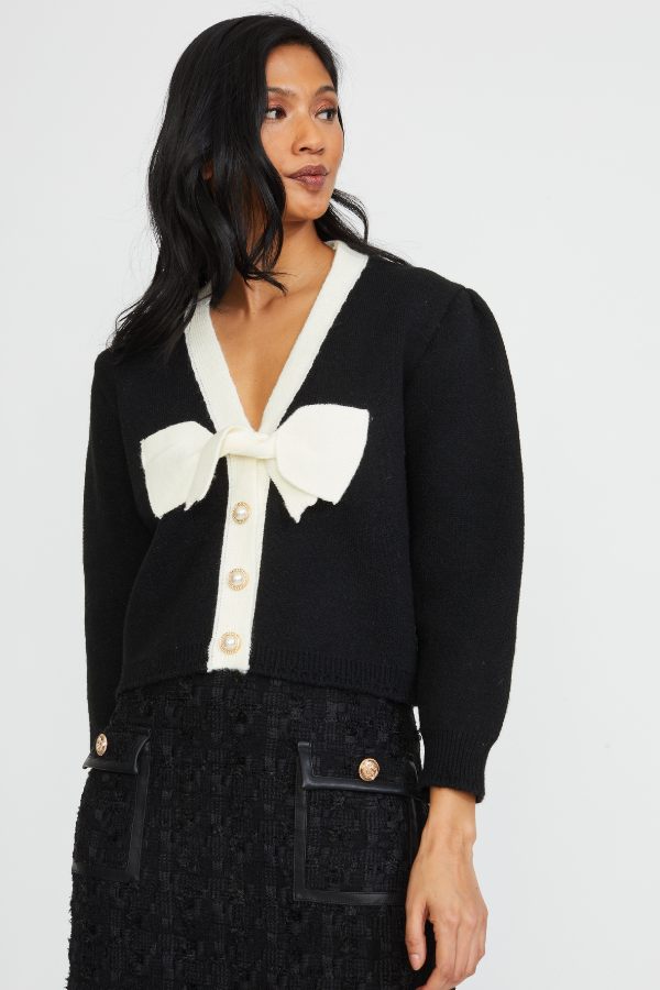 CONTRAST COLOR BOW CARDIGAN BLACK