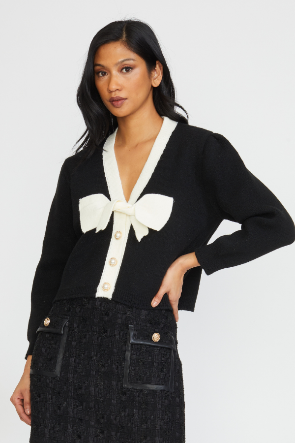 CONTRAST COLOR BOW CARDIGAN BLACK