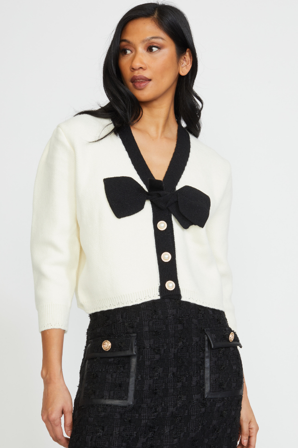 CONTRAST COLOR BOW CARDIGAN CREAM – Stellah® - Official Site
