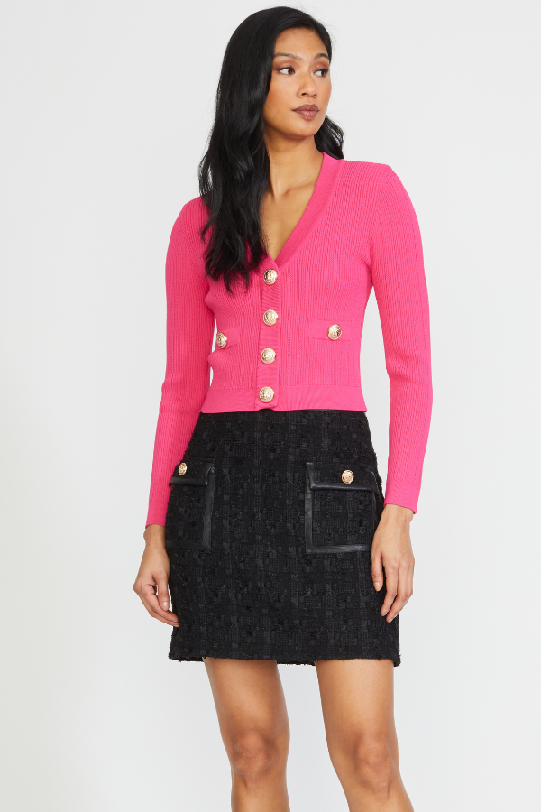 FITTED CARDIGAN W/SHOULDER PADS IN FUCHSIA