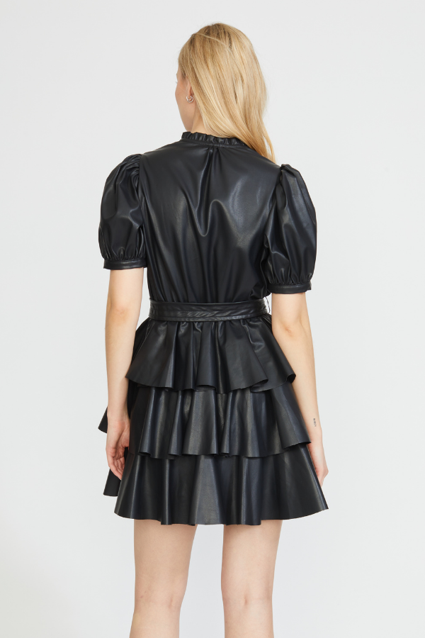 VEGAN LEATHER TIERED DRESS BLACK