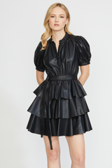 VEGAN LEATHER TIERED DRESS BLACK