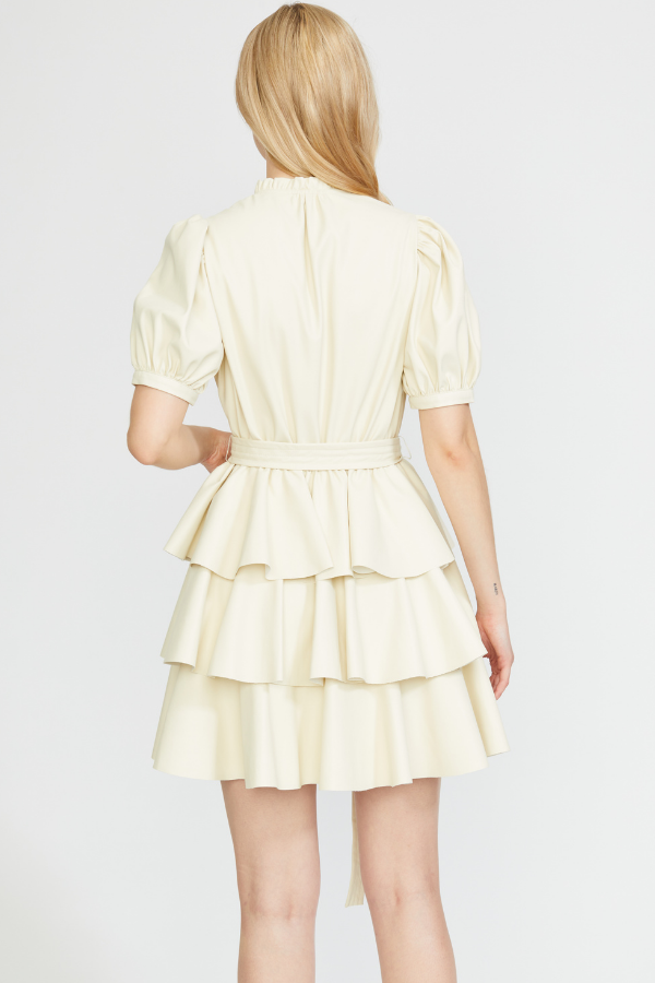 VEGAN LEATHER TIERED DRESS CREAM M