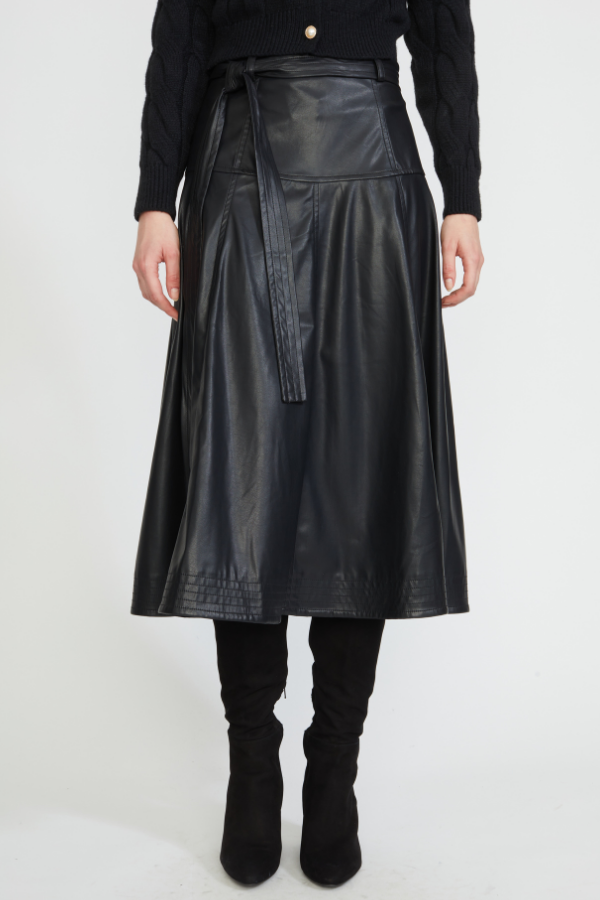 VEGAN LEATHER MIDI SKIRT BLACK