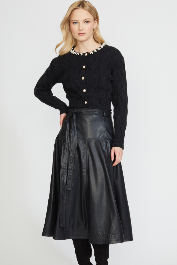 VEGAN LEATHER MIDI SKIRT BLACK