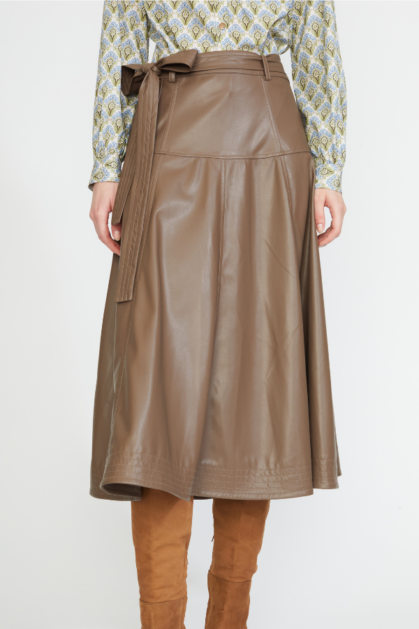 VEGAN LEATHER MIDI SKIRT COFFEE