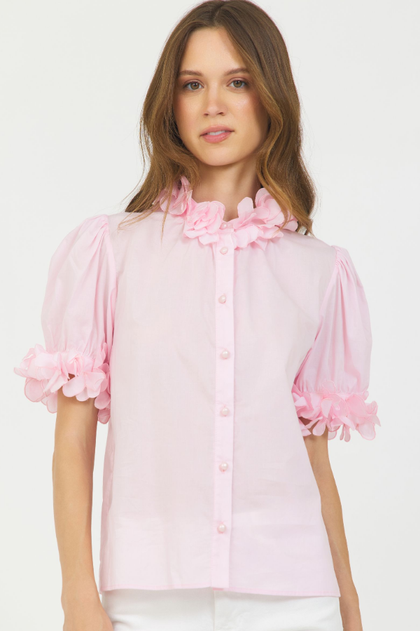 S/S BUTTON DOWN SHIRT W/3D FLOWER TRIM PINK