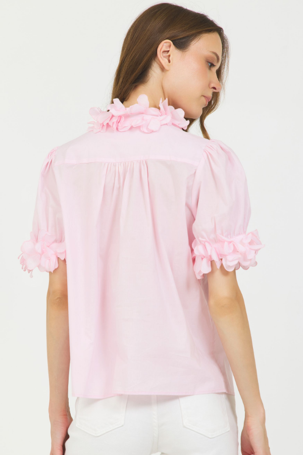 S/S BUTTON DOWN SHIRT W/3D FLOWER TRIM PINK