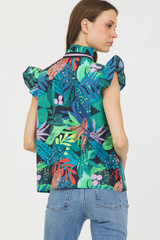 TROPICAL SPLIT V NECK RUFFLE SLEEVE TOP