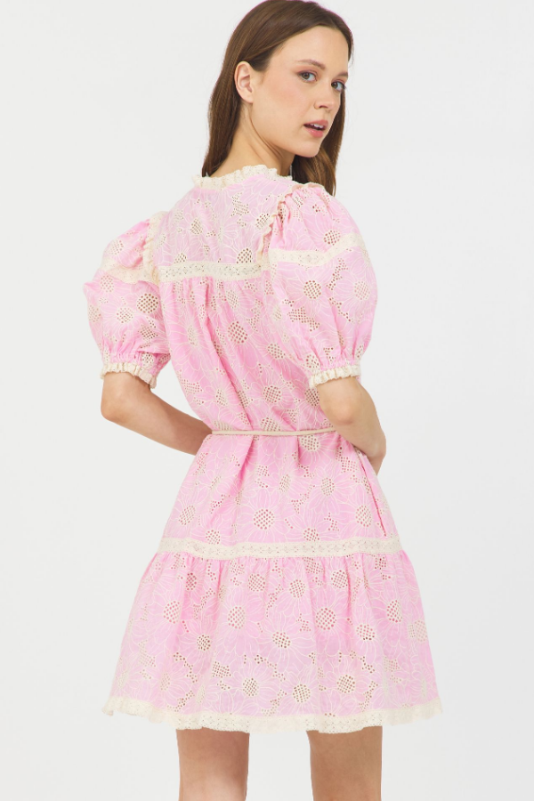 EMBROIDERY S/S BUTTON DOWN MINI DRESS CANDY