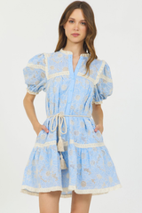 EMBROIDERY S/S BUTTON DOWN MINI DRESS SKY