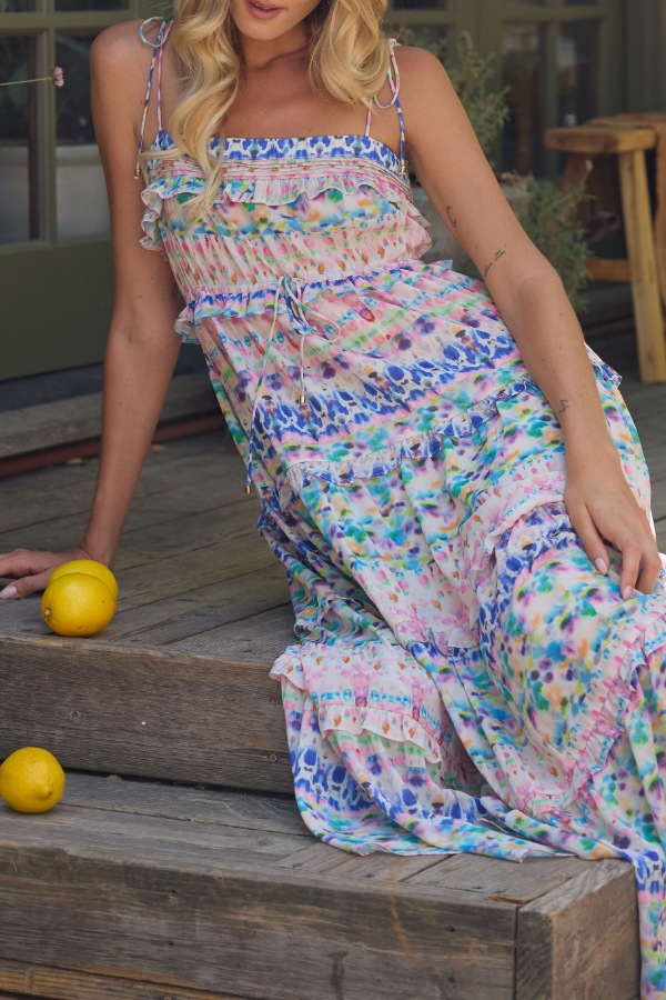 watercolor maxi dress WATERCOLOR TIE SHOULDER TIERED DRESS L