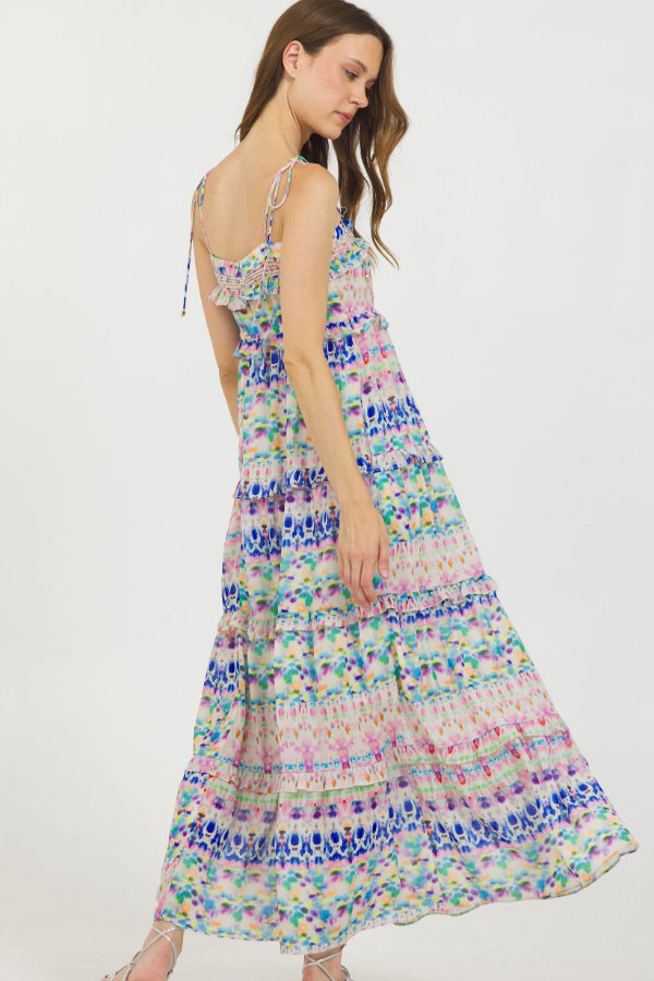 WATERCOLOR TIE SHOULDER TIERED DRESS