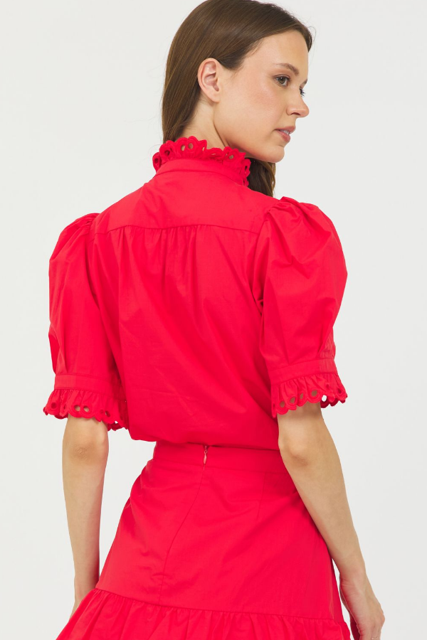 EYELET TRIM BUTTON DOWN S/S SHIRT